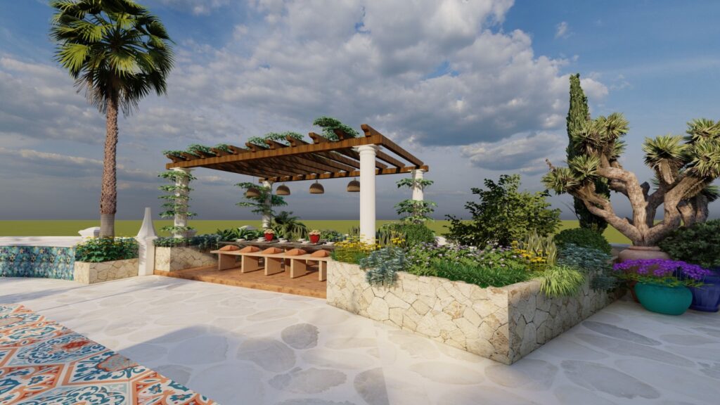 Aesthetic rooftop landscape blending functionality with Mediterranean charm