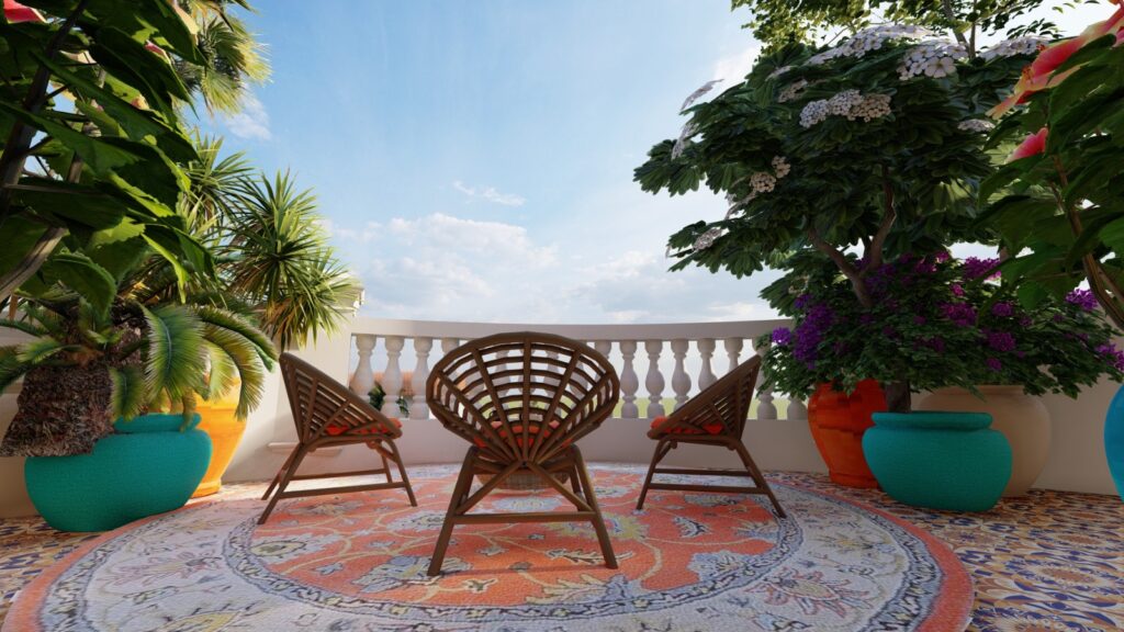 Mediterranean-style rooftop garden with terracotta planters and aromatic herbs