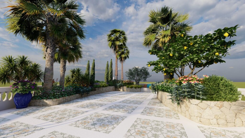 Warm-toned stone tiles and greenery in rooftop Mediterranean setting