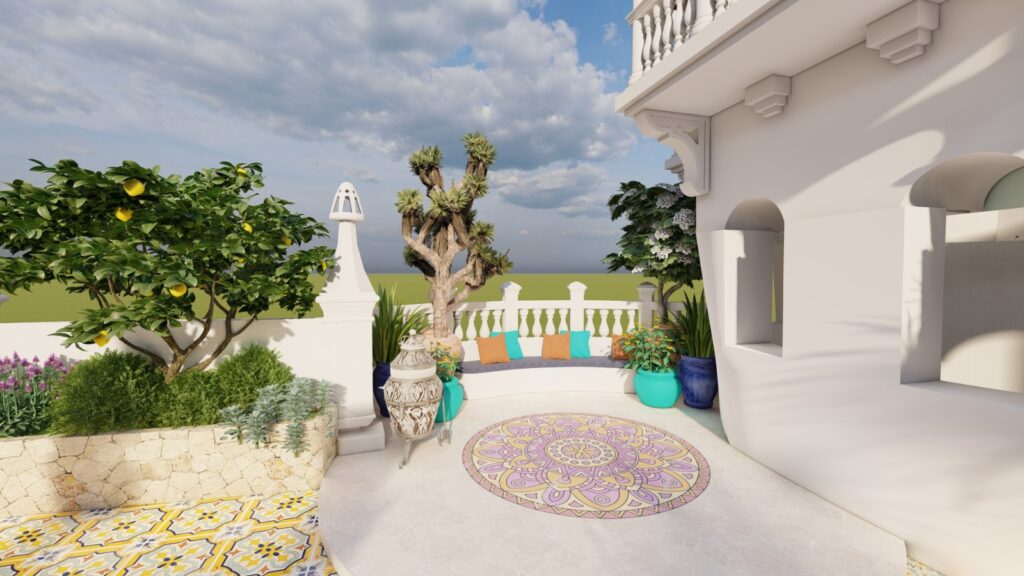 Classic Mediterranean rooftop retreat with pergola and potted plants