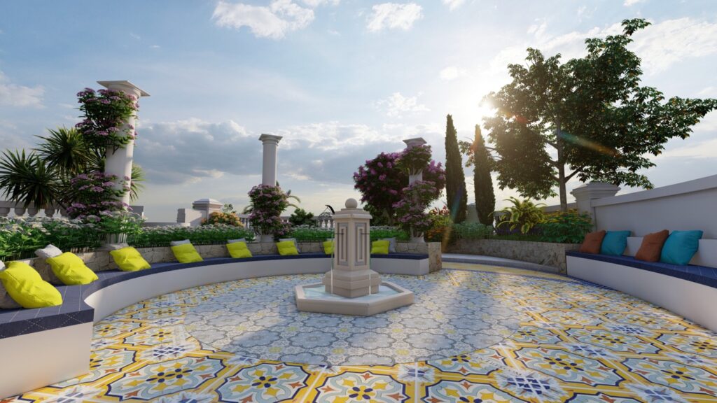 Warm-toned tiles and architectural plants in rooftop Mediterranean garden