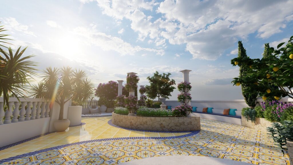 Mediterranean garden elements used in modern rooftop landscaping