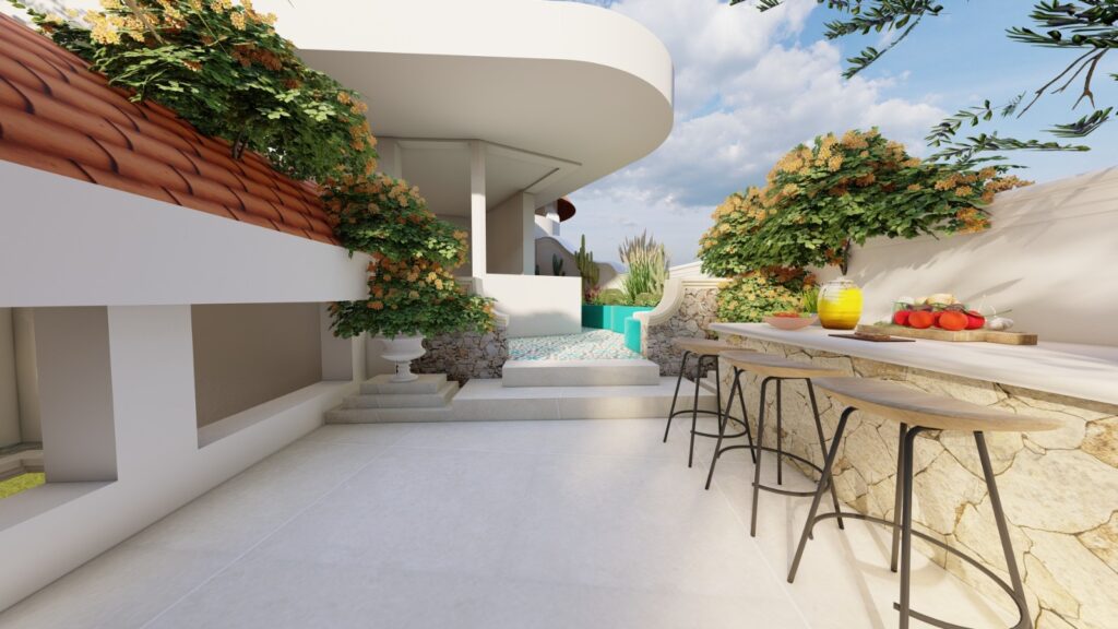 Outdoor seating area in rooftop Mediterranean garden surrounded by greenery