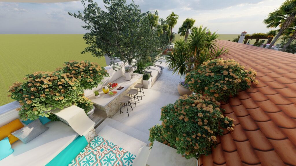 Terraced rooftop with Mediterranean landscaping elements and water feature