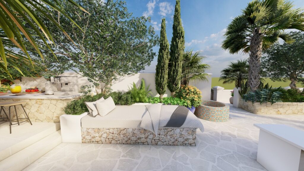 Mediterranean-themed rooftop garden with herbs, palms, and textured walls