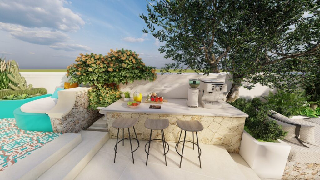 Urban rooftop garden inspired by Mediterranean design principles and materials