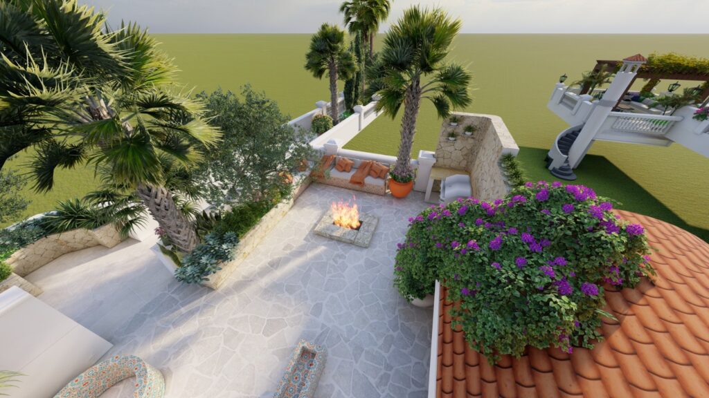 Stylish rooftop Mediterranean retreat with cozy ambiance and native plants