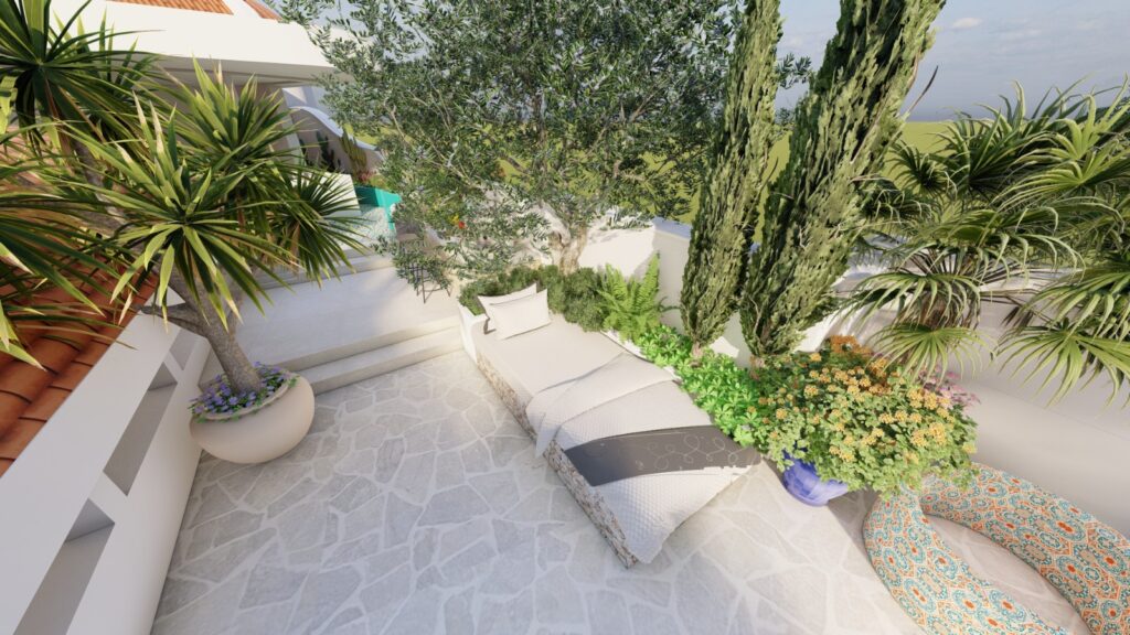 Mediterranean rooftop garden design with terracotta planters and drought-tolerant plants