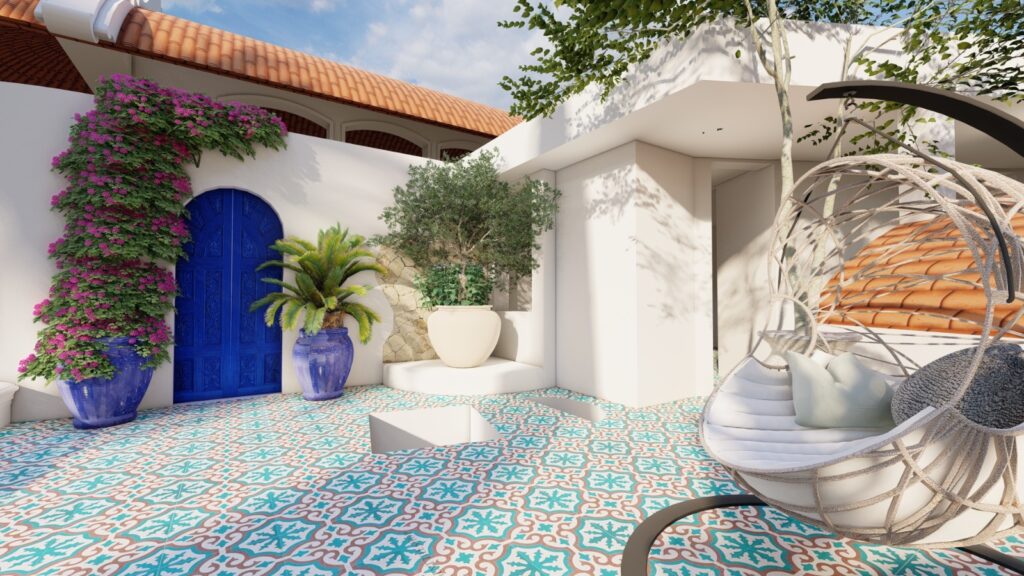 Rooftop landscape in Mediterranean style with olive trees and stone finishes