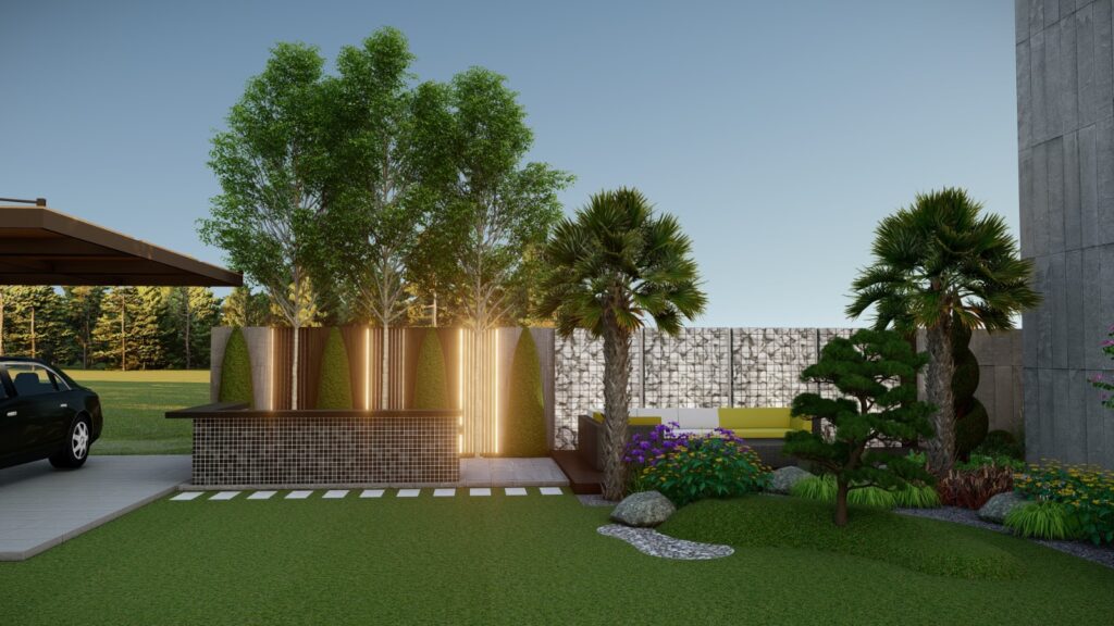 Well-designed lawn space with geometric landscape features in Lake City