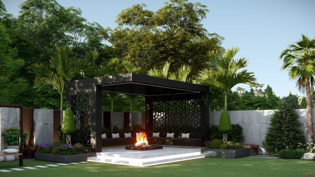 Contemporary garden layout with manicured lawn at Lake City home