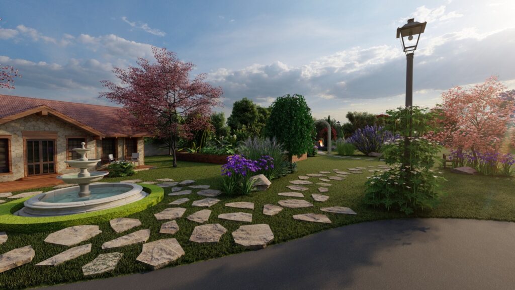 Vintage garden elements integrated into English cottage landscaping