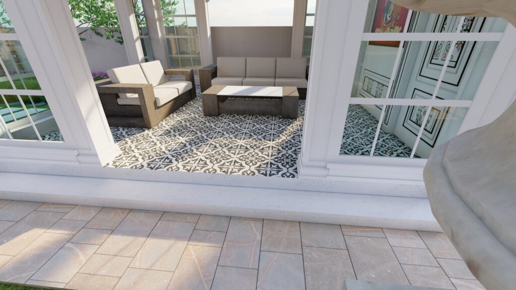 Spanish courtyard garden with tiled pathways at 3 Kanal home