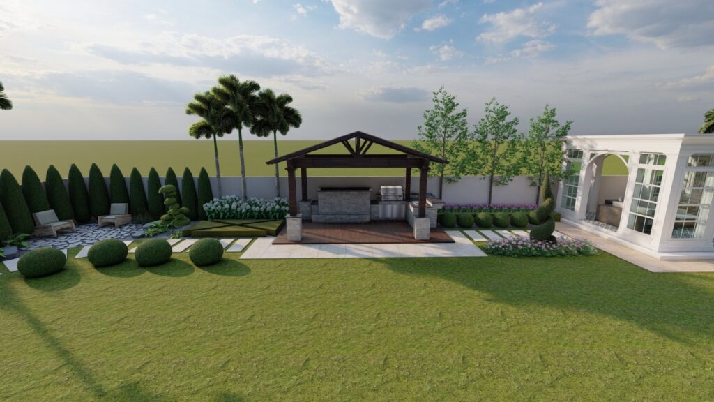 Classical fountains and palms in Faisal Rasul residential landscape