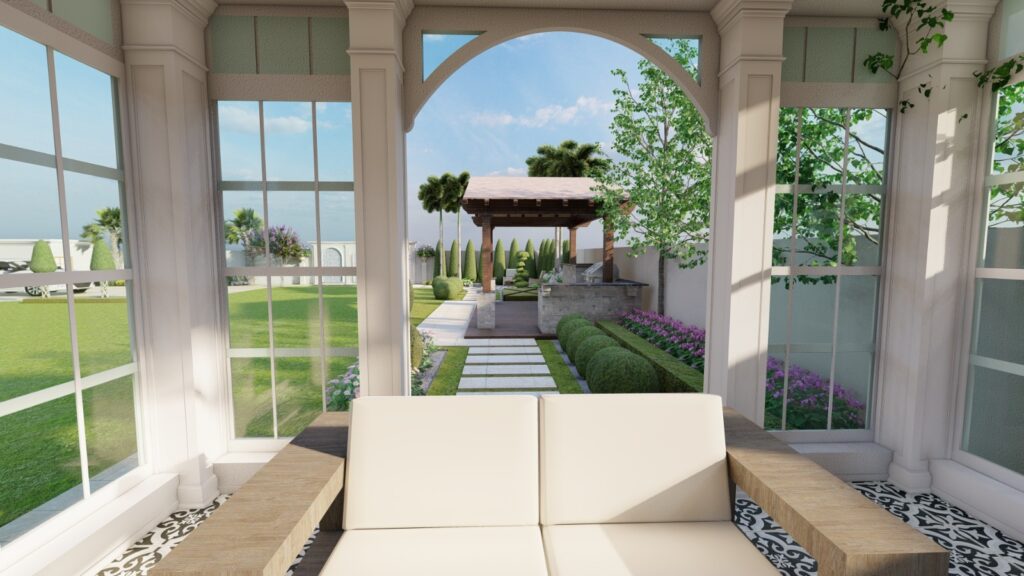 Stone-paved courtyard with formal hedges – 3 Kanal Spanish garden