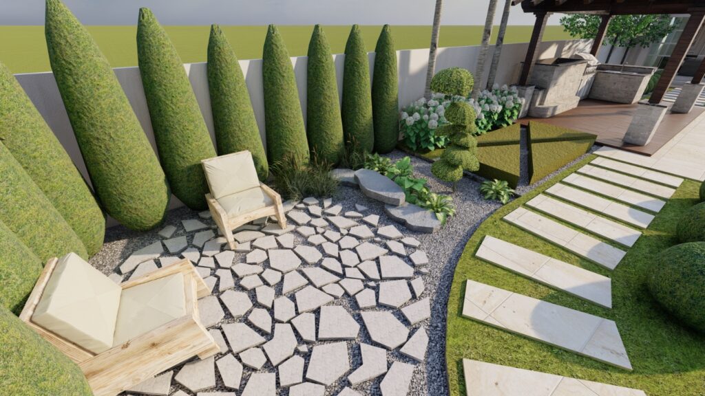 Wrought iron elements and terracotta accents in Spanish-style landscape