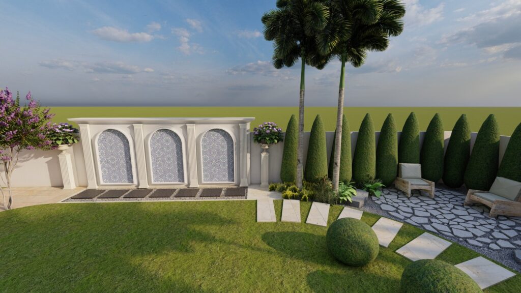 Ornamental landscape with arches and planters – Classical Spanish design