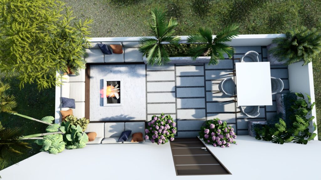 Tropical rooftop landscaping with planters, turf, and pergola