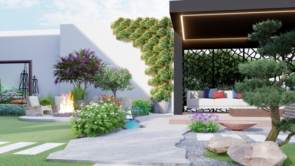 Modern garden aesthetics for 1 Kanal house in Sialkot with geometric planting beds and paving