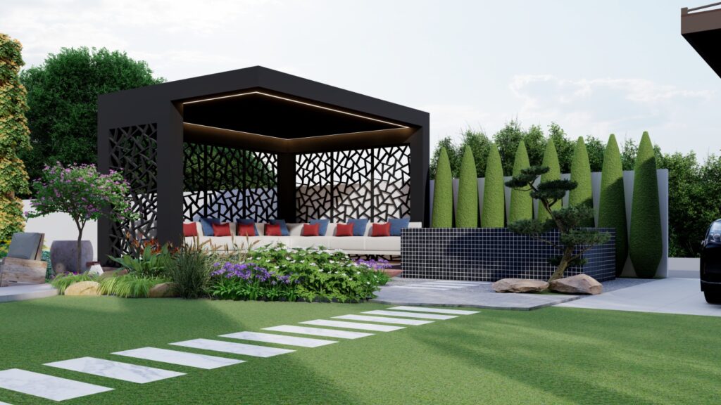 Stylish outdoor space for 1 Kanal Sialkot home featuring modern lawn and patio layout
