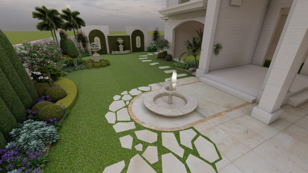 Elegant courtyard with Mediterranean-style planting at Mr. Behroze’s Spanish landscape