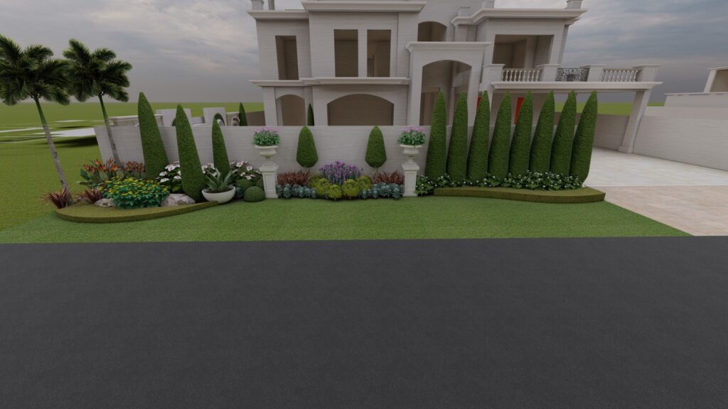 Traditional Spanish garden elements with structured hedges at Mr. Behroze’s residence