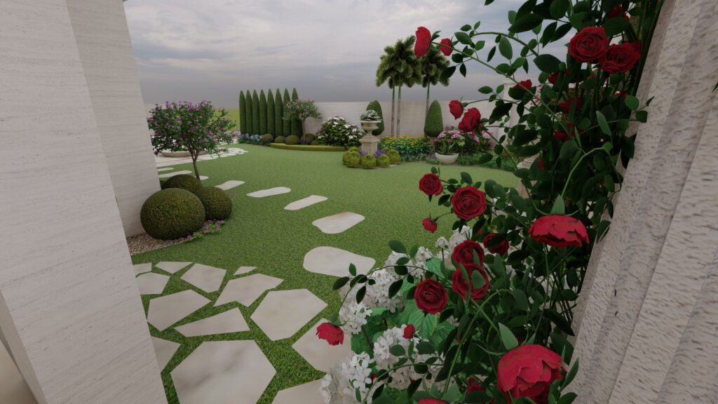Symmetrical plantation and decorative pots in Galleria’s Spanish classical landscape