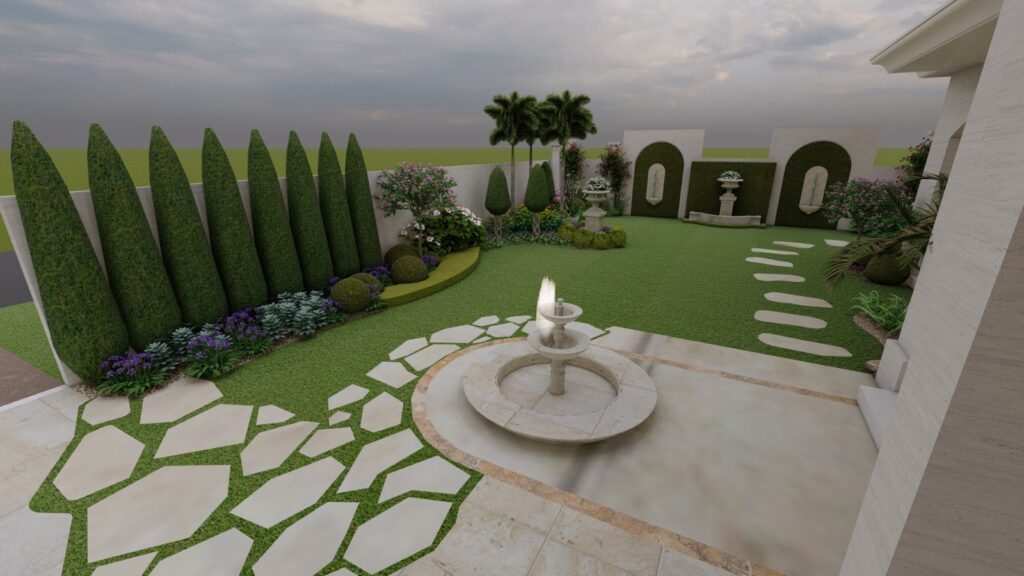 Classic water feature and terracotta elements in Spanish-style landscaping for Mr. Behroze