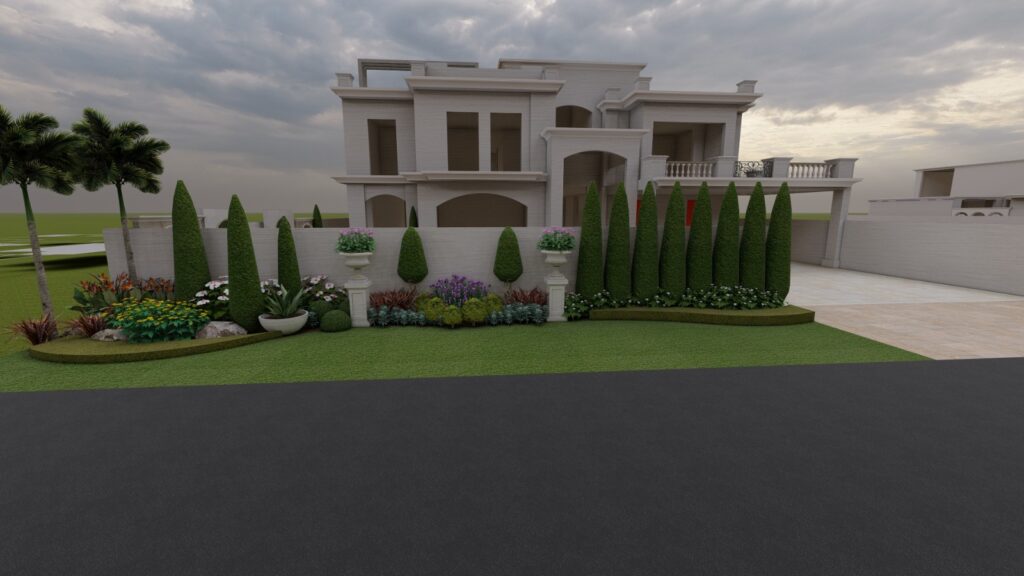 Formal garden layout with stone pathways and lush greenery – Mr. Behroze 1 Kanal project