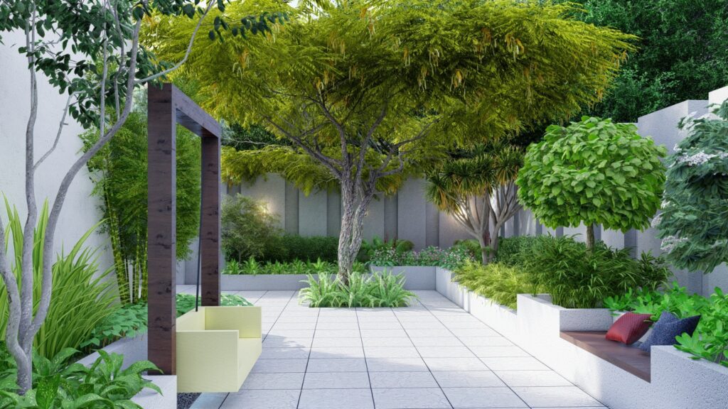 Contemporary outdoor space with trimmed hedges at Mr. Shafique’s residence