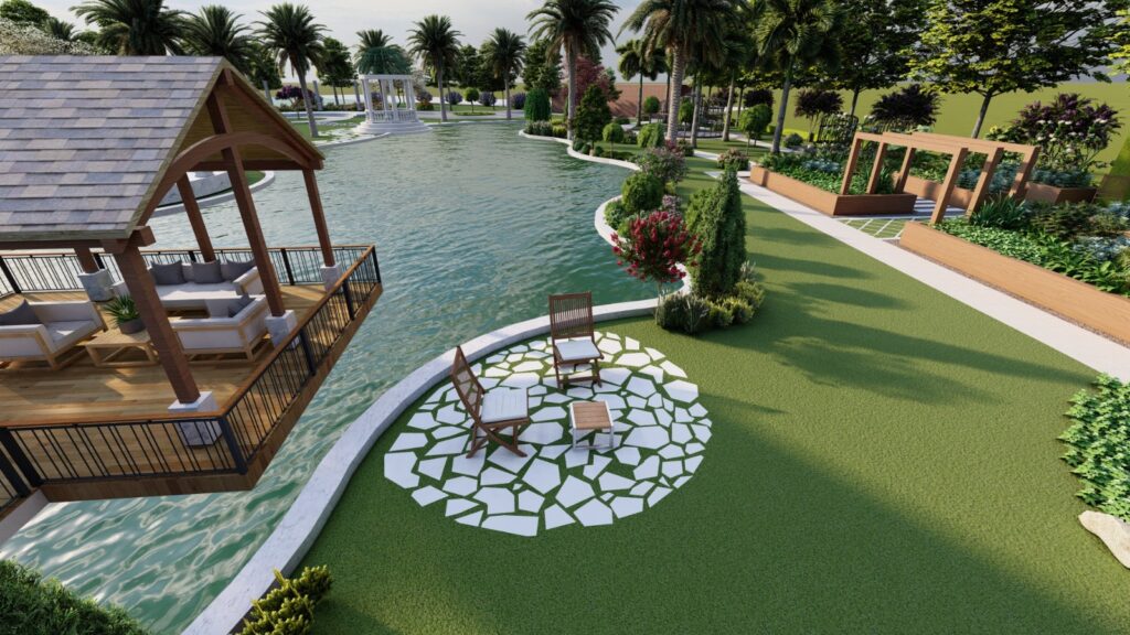 Front yard of farmhouse with stone pathways and green spaces