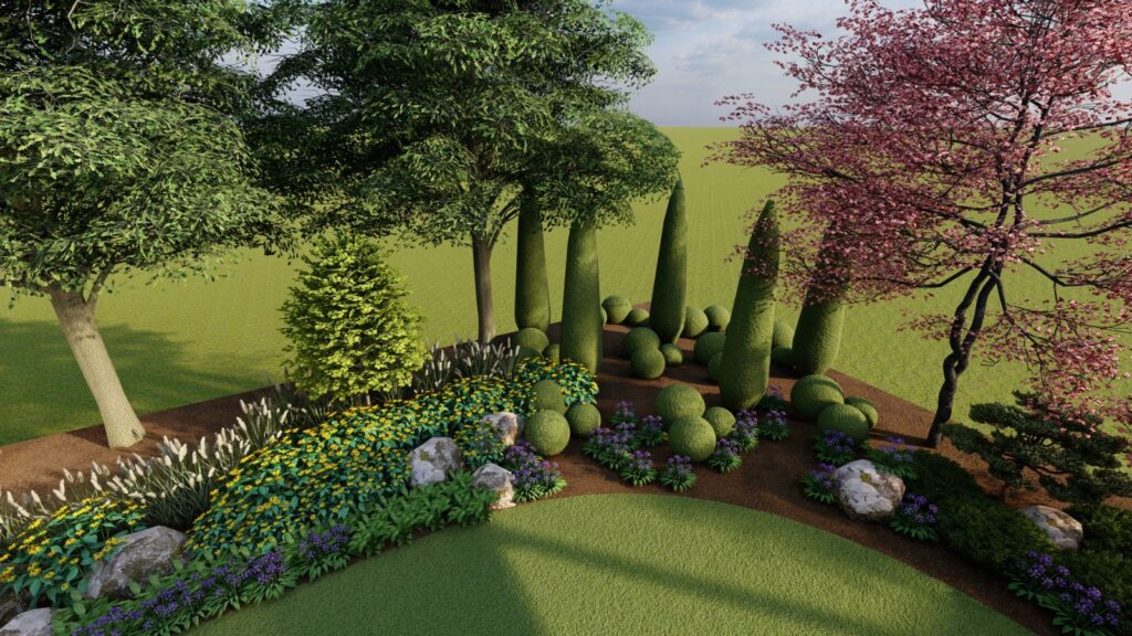 Evening view of landscape with illuminated trees and ambient garden lighting