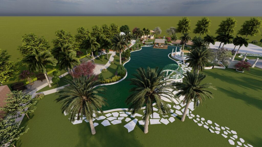 18 Kanal farmhouse landscape featuring expansive green lawn and structured plant beds