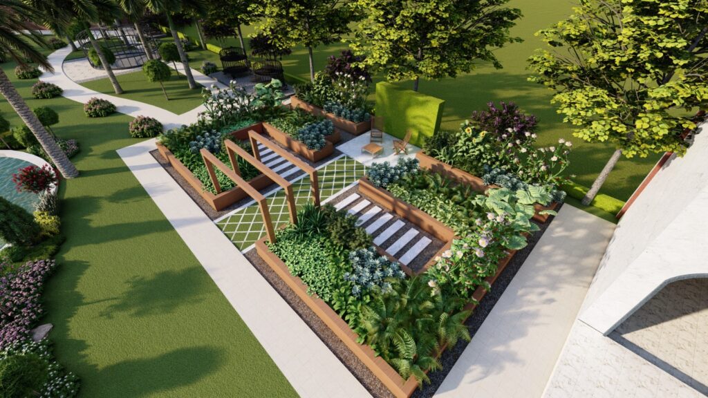 Elegant outdoor sitting area surrounded by seasonal flowering plants at Farmhouse 1