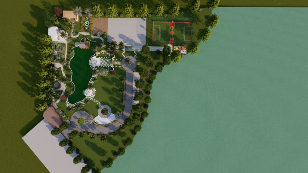 Wide aerial view of farmhouse garden with paved walkways and mature trees