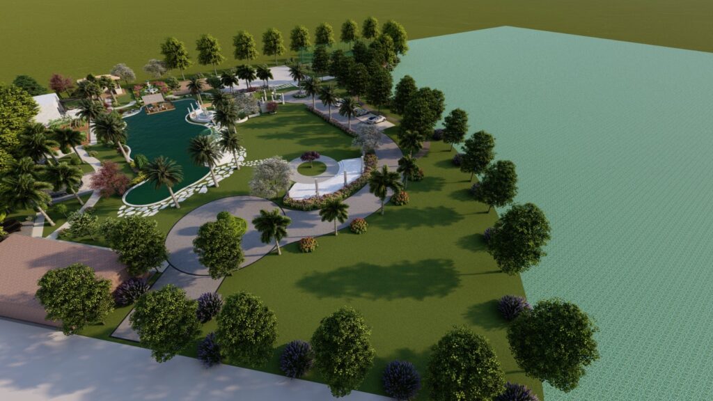 Custom hardscape patio overlooking garden lawn at 18 Kanal farmhouse