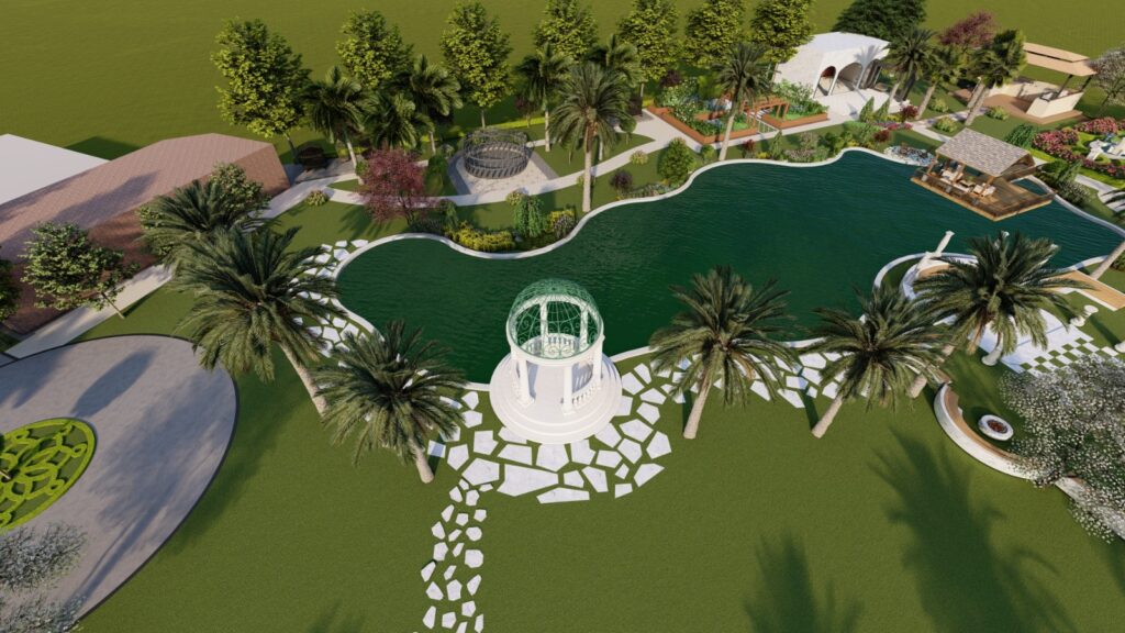 Manicured hedges and softscape elements defining zones in farmhouse landscape