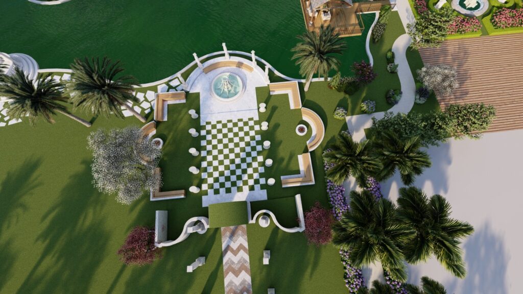 Landscape lighting highlighting architectural and botanical elements of farmhouse garden