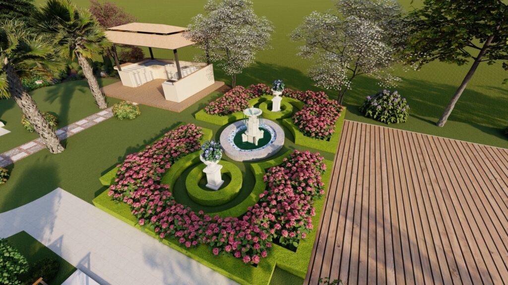 Well-planned outdoor layout with lawns, paths, and floral borders