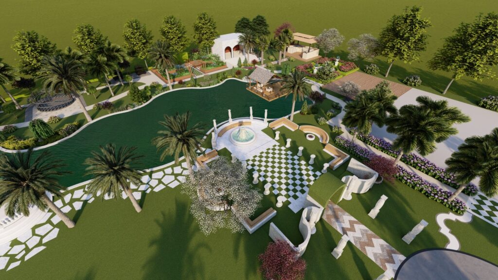 Water feature integrated into lush garden setting at Farmhouse 1