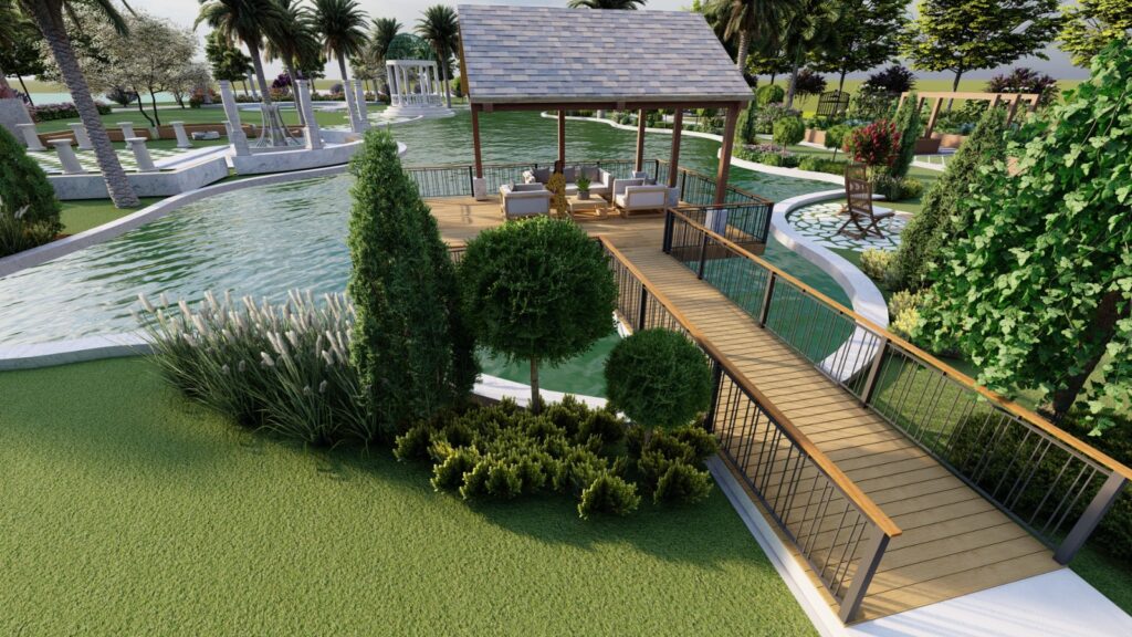 Natural shade trees and understory planting creating relaxing garden space