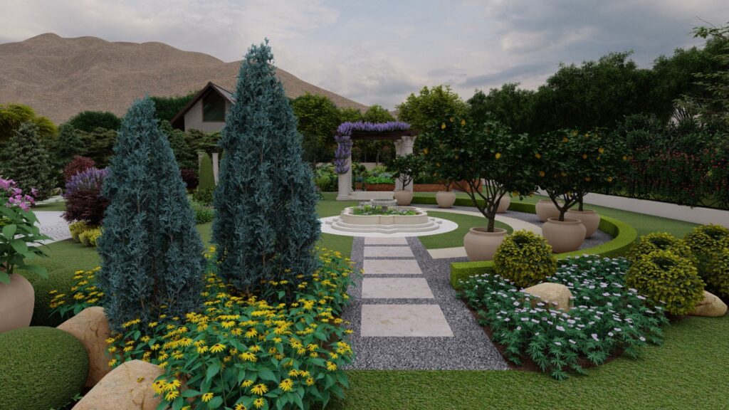 Natural stone pathways and garden beds at Lake City homestead