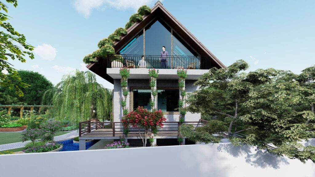 Outdoor seating and landscape lighting at Lake City homestead