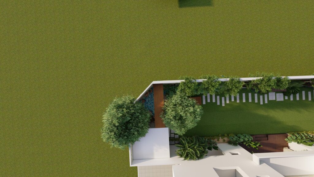 Lush tropical plants and contemporary hardscape in PH 7 Islamabad lawn