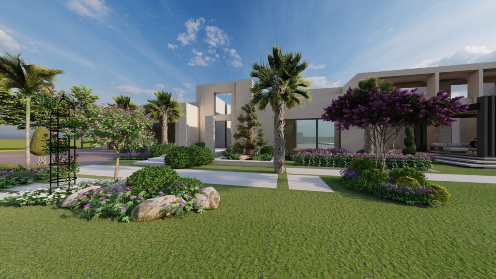 Minimalist garden design with trimmed shrubs and smooth concrete walkways in Faisalabad home