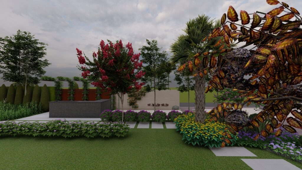 Contemporary outdoor layout featuring geometric planters and sleek hardscaping elements