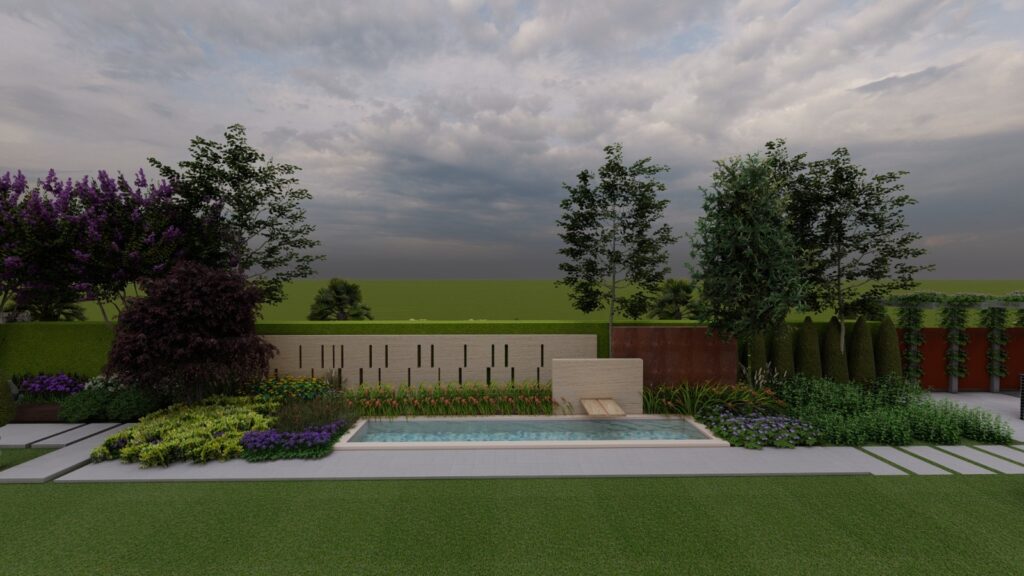 Modern residential landscape design at Mr. Khuram Rasheed’s house in Faisalabad with clean lawn edges