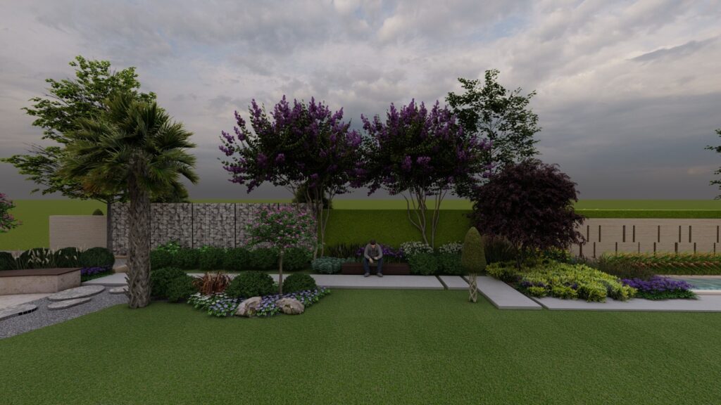 Modern facade landscaping with linear patterns and evergreen plant accents