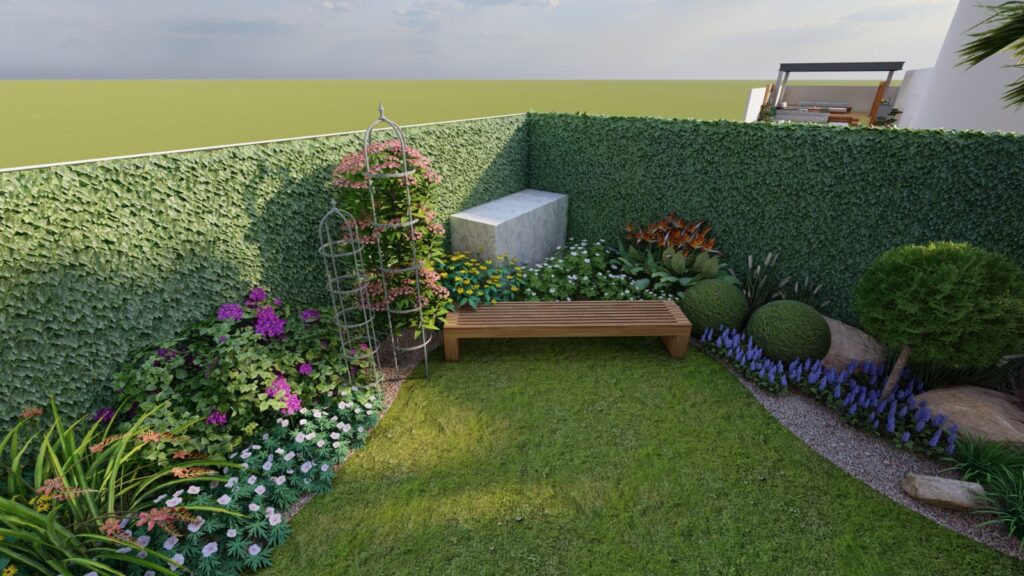 Lush green lawn with symmetrical plant beds at Ahmed Masood residence