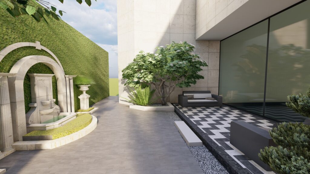 Front yard with minimalist landscape elements at Islamabad residence